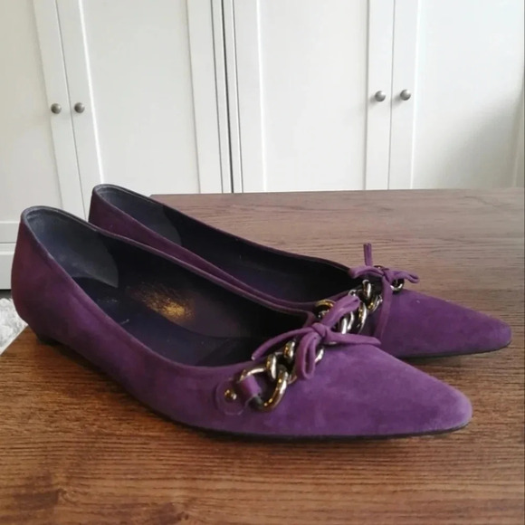 Prada Purple Suede Pointed Toe Flats with Chain Links and Bow Size 37 or 7 US - Picture 7 of 17